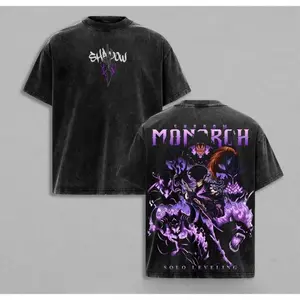 Shadow Monarch Sung Jinwoo Solo Leveling Oversized Graphic Tee - Vintage Wash Heavyweight Cotton Anime Shirt. Dark Purple Manga Streetwear & Gym Pump Cover Epic Outfit.