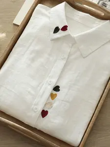 Women's Elegant Lapel Long Sleeve Shirt, Colorful Heart Embroidery, Breathable Textured Fabric, Loose Fit, Casual Office Wear, Comfortable Daily Top