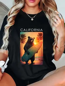 100% Cotton Unisex California Shirt Cool Republic Bear Surfing Beach California Round Neck Short Sleeve T-Shirt Women's Men Graphic Tee