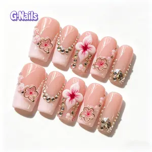 G Nails A40 Cream Pink French with Glittering Rhinestone 10 pcs Handmade Press On Nails 3D Floral ReusableNails PinkNails High-Shine