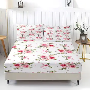 Romantic Roses Floral Fitted Sheet Set 3 Pcs, Pink Floral Sheet Set, Lovely Spring Pink Garden Botanical Bright Vibrant Colorful, Soft Microfiber Floral Sheets Set, Cozy Home Decor