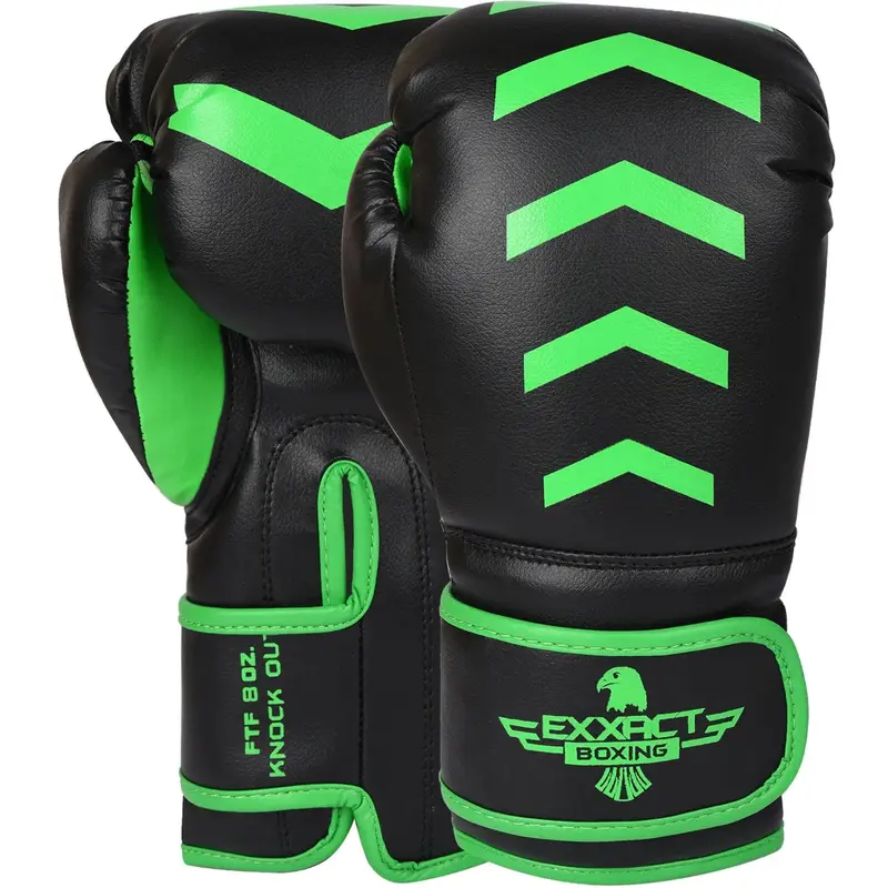 Exxact Sports Knockout Youth Boxing Gloves for Kids (3-15 Years) with Padded Protection and Wrist Support, Durable Engineered Leather Kids Boxing Gloves for Sparring (Black/Green)