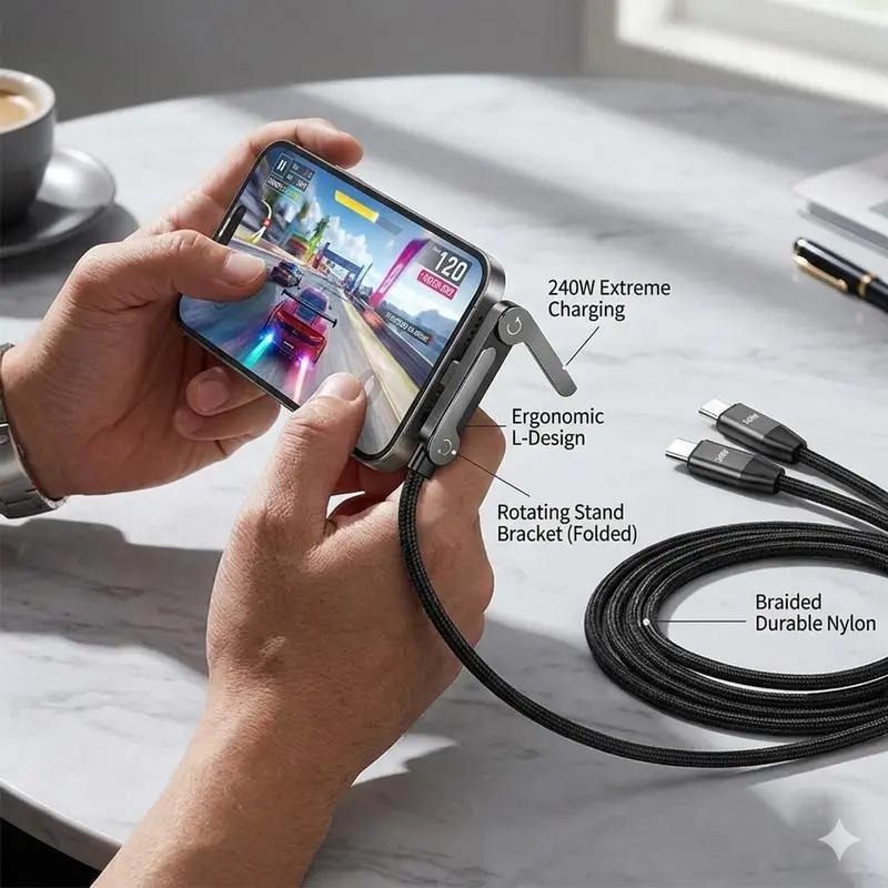 Invisible Holder Charger Cable, 240W PD Fast Charging Cable for Desk, USB-C to USB-C Cable with USB-A to USB-C Adapter with 360° Adjustable Metal Stand, 2 in 1 Holder Charger for Gaming, Office, Home