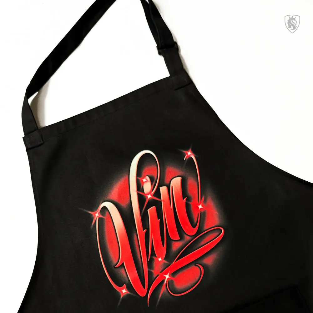 Airbrushed Style Name On Apron - Black Cotton with Print Design and Logo