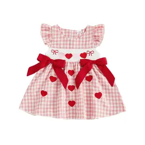 Toddler Baby Girls Valentines Dress Cute Heart/Letters Embroidery Sleeveless Plaid Dress