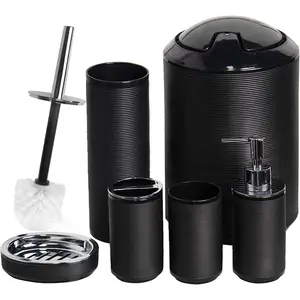 Bathroom Accessories Set 6 Piece Bath Ensemble Includes Soap Dispenser, Toothbrush Holder, Toothbrush Cup, Soap Dish for Decorative Countertop and Housewarming Gift, Black