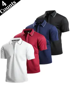 Pack of 4 men’s polo shirts with contrast piping at the collar; quick-drying, breathable, stretchy, slim fit; short sleeves; contrasting line design at the neckline; suitable for business casual and athletic wear; summer multi-color versatile polo T-shirt