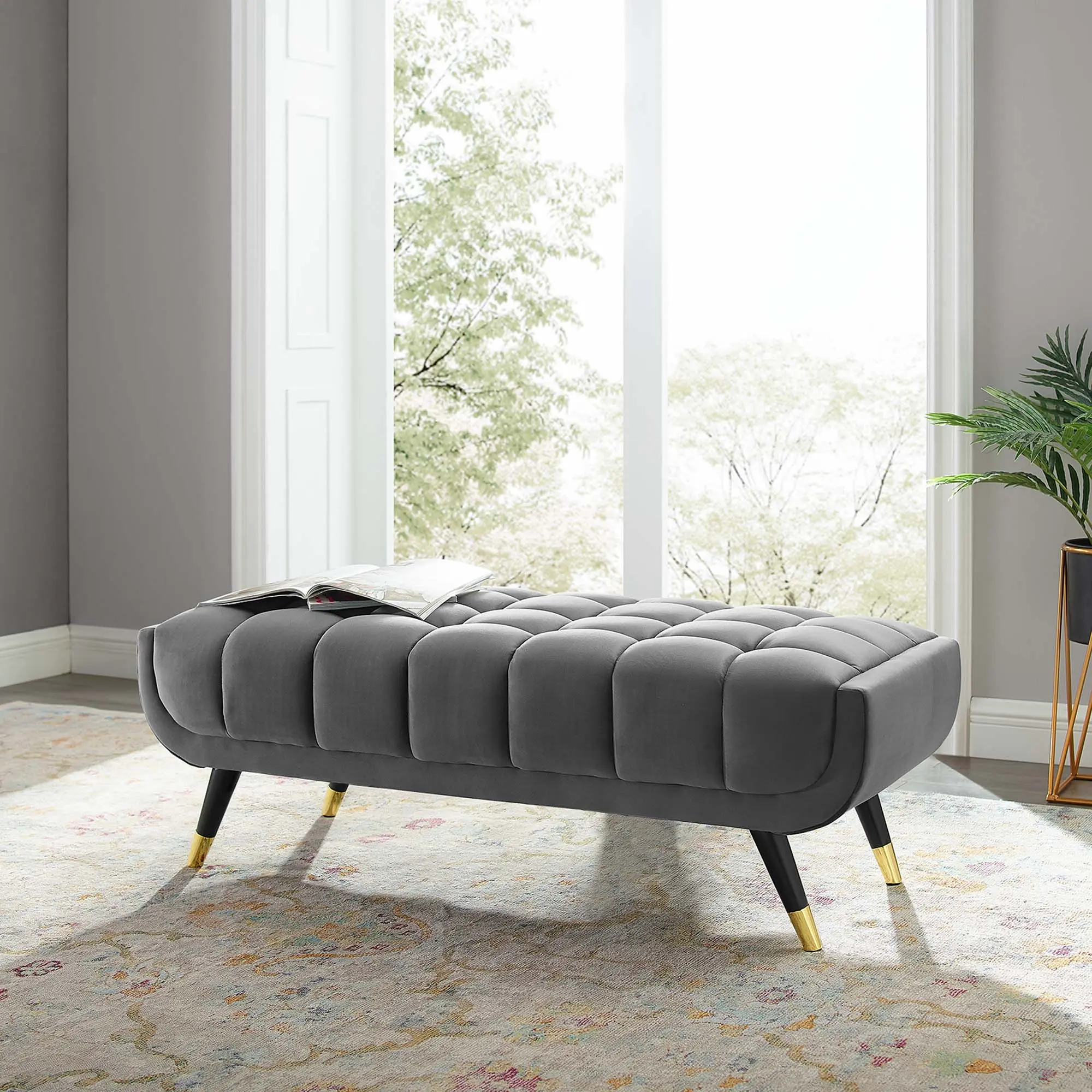 Modway Adept Mid-Century Indoor Bench - 47.5 in Performance Velvet, Gray, Birchwood & Metal Frame, Broad Profile, Generous Tufted Design, for Living Room Décor