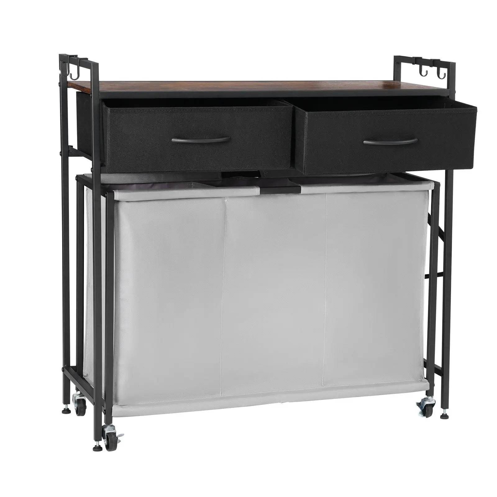 3-Section Laundry Sorter With Rolling Wheels, Laundry Hamper With Drawers And Integrated Hooks, Durable Metal Frame, Multi-Compartment Laundry Organizer, Space-Saving Storage Cart For Bedroom, Laundry Room, Basement, Apt