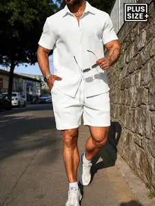 Men's Summer Tropical 2XL-6XL Plus Size Linen Texture Two-Piece Set, High-Height Casual Short Sleeve Shirt & Shorts, Loose Streetwear