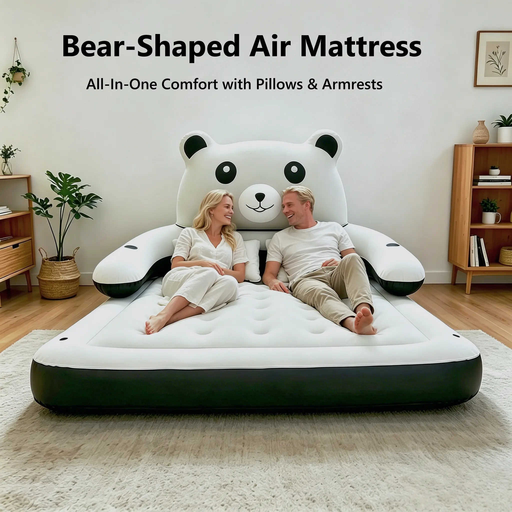 Portable Cute Bear-Shaped Adjustable Back Inflatable Sofa Bed - Inflatable Couch with Detachable Backrest, Pillow, Cup Holder, Lightweight Air Mattress for Bedroom, Camping, Garden Use, Adjustable Back Inflatable Sofas