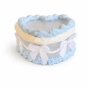 Heart-Shaped Blue Fake Cake Jewelry Box with Whipped Clay and Bows