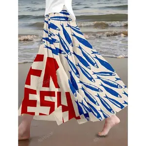 Women's Spring Summer Casual Holiday Style Vintage Fish Art Positioning Printed Flowing Skirt Womenswear Bottom