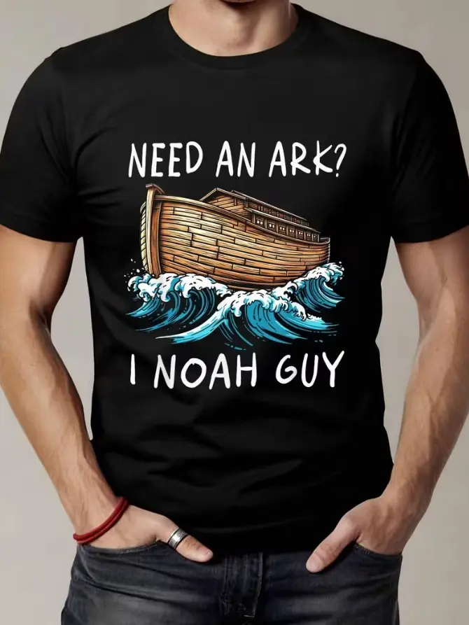 Funny Noah's Ark Joke T-Shirt for Men - Vintage "Need An Ark I Noah Guy" Religious Humor Graphic Tee, Loose Fit Ark Building for God Apparel, Casual Wear for Faith-Based Events