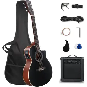 GLARRY 41in Full Size Acoustic Electric Guitar Beginner Kit with 15W Amp, 5-band EQ Cutway Design 6 Strings Electric Acoustic Guitar with Bag, Strap, Picks, Strings, Wrench (Black)