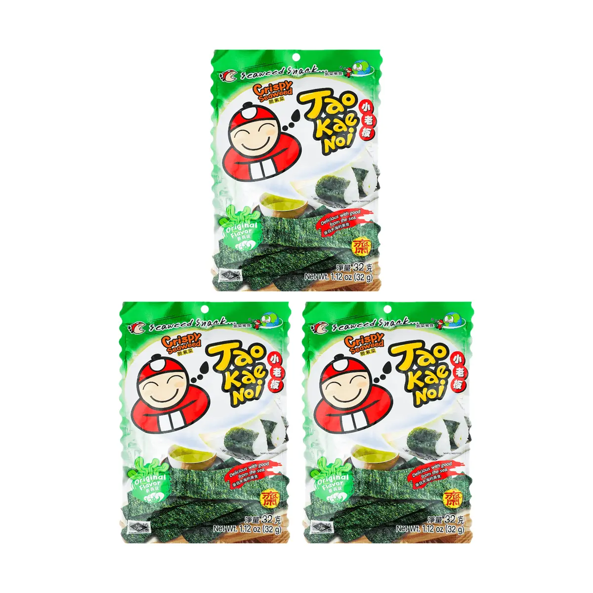 TAO KAE NOI Original Flavor Crispy Seaweed Snacks, 32g x 3 Pack - Authentic Thai Snack, Large Sheet Nori, Ready to Eat, Value Pack