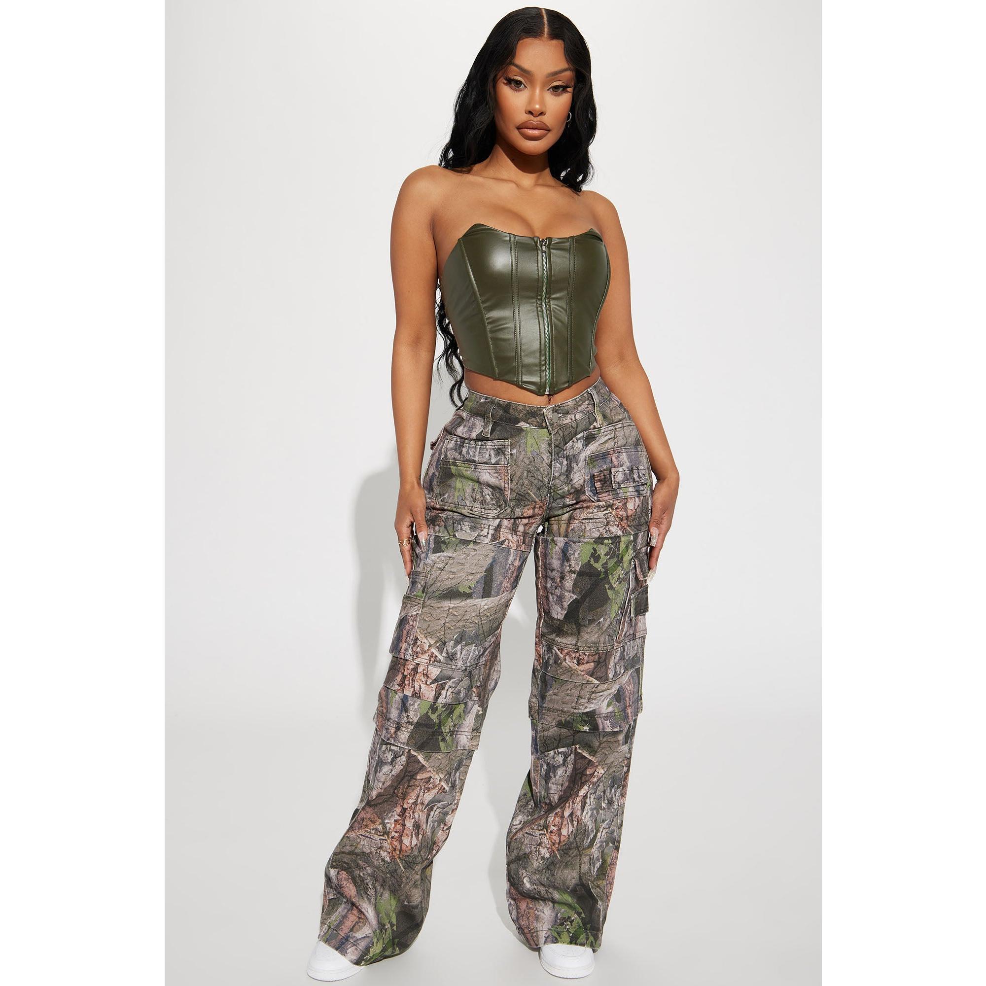 Bree Camo Stretch Cargo Jean - Olive/combo
