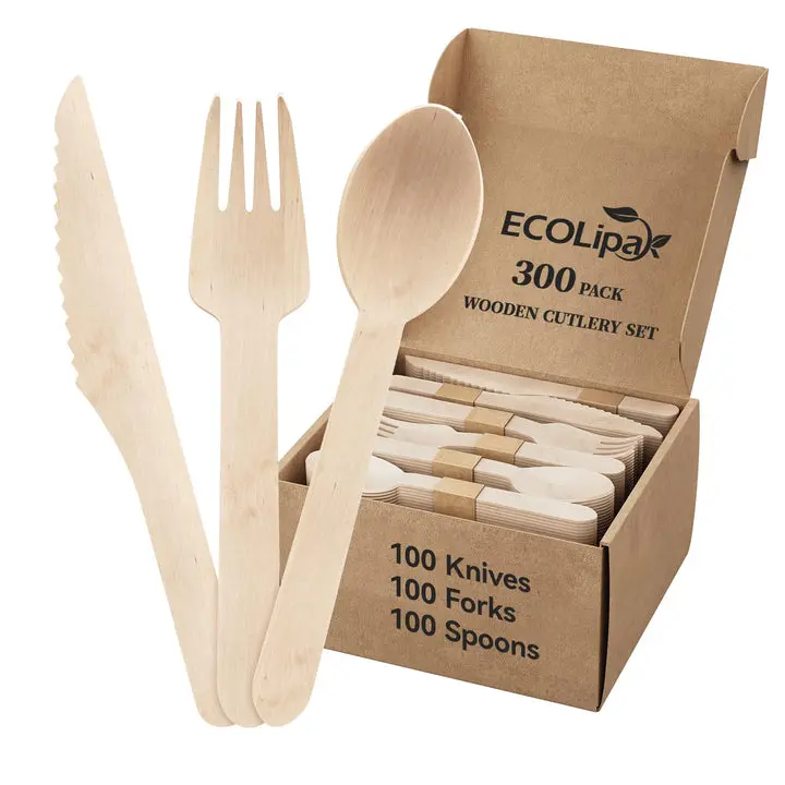 Compostable Splinter-Free Wooden Cutlery Set - Fork, Knife & Spoon, BPA-Free, Non-Toxic Kitchen Tableware Set