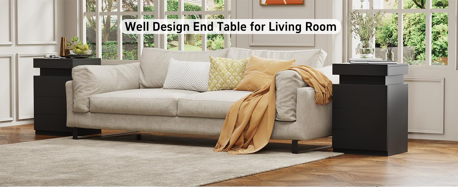 Nightstand with Charging Station and LED Lights,Night Stand with Sliding Top,Bedside Table with Drawers,Modern End Side Table for Bedroom