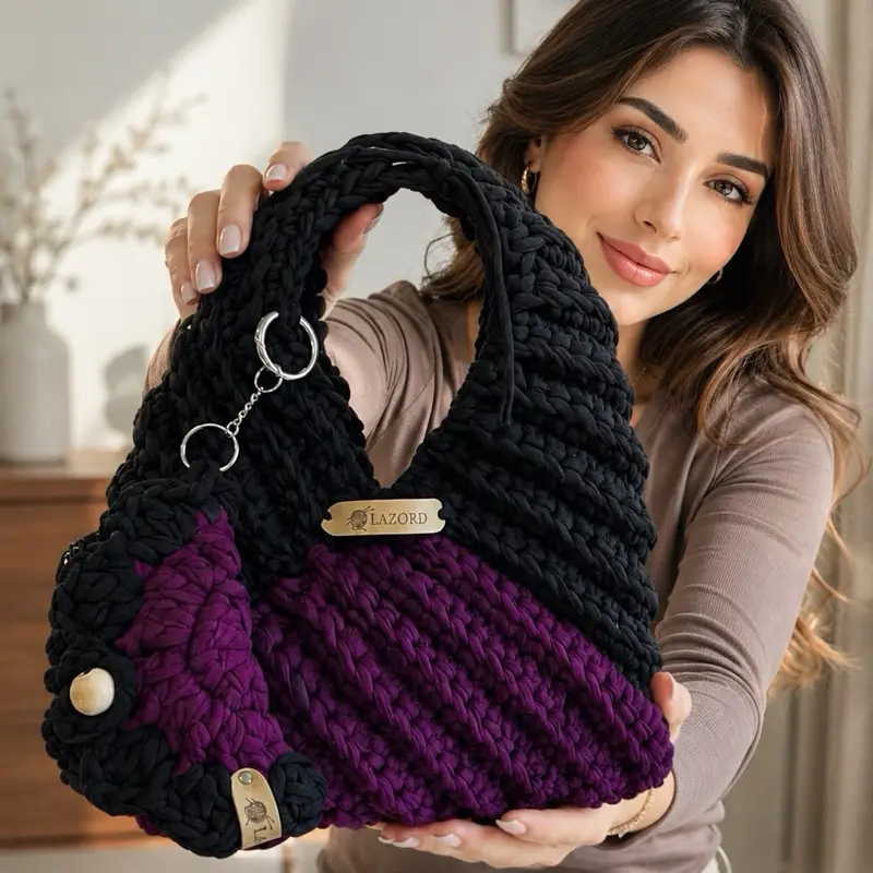 Handmade Crochet Hobo Shoulder Bag with Matching Charm | LAZORD