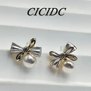 Natural Freshwater Pearl Earrings New Fashionable Bow Pattern Earrings Women's Earrings