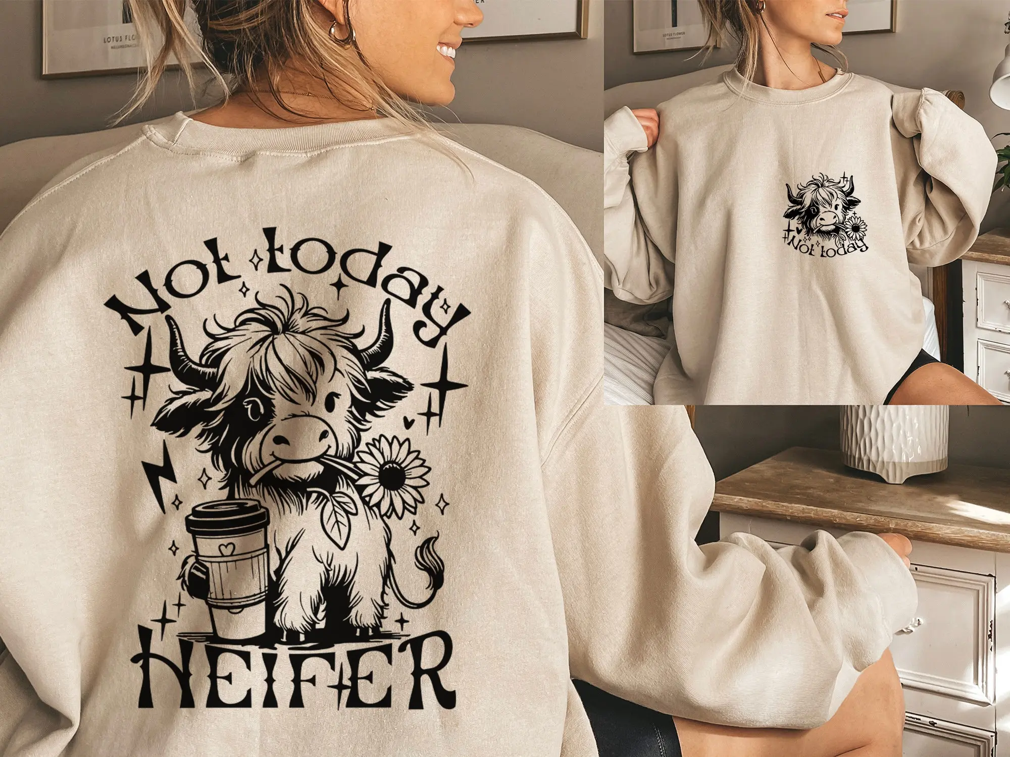 Not Today Heifer  Highland Cow Sweatshirt  Highland Cow Crewneck  Western Sweatshirt  Cow Crewneck  Cow Gift For Her Farmer gift Womenswear Check