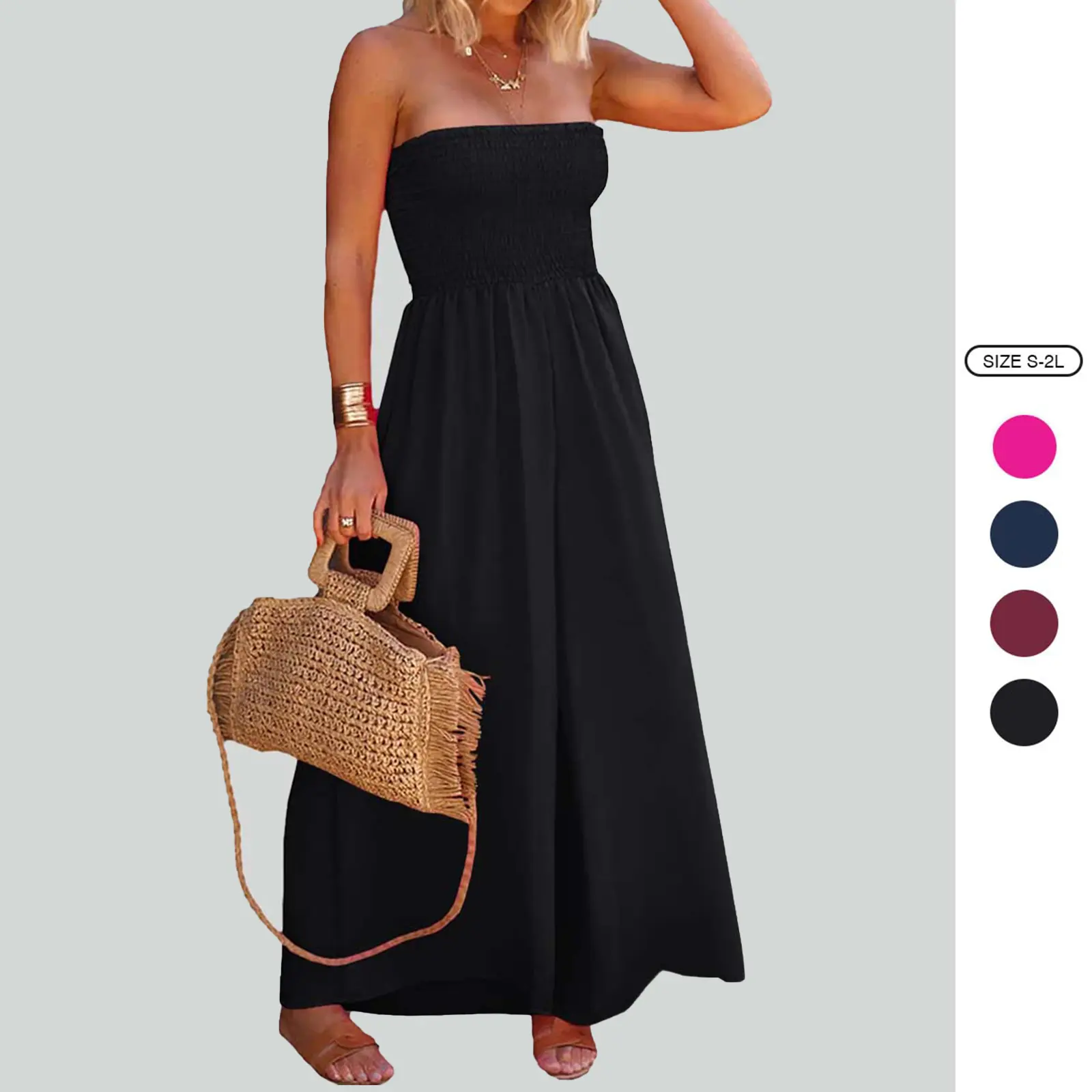 Imily Bela Womens Sleeveless Strapless Wide Leg Jumpsuits Summer Casual Loose Smocked Jumpsuit Rompers with Pockets