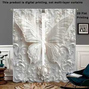 Elegant Butterfly Print Curtains, Floral Pattern, Pole Pocket Style, Easy Install Curtain, Semi-Sunshade Polyester Fiber, Easy Clean, Suitable for Home Decor