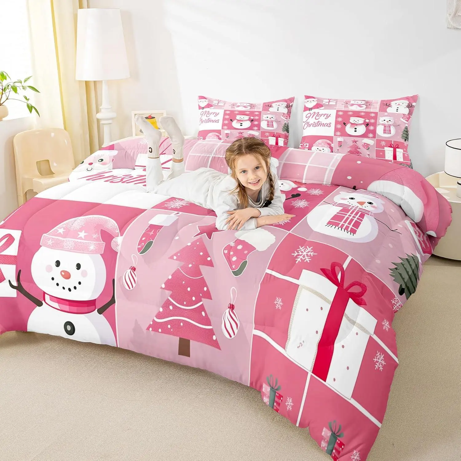 Xmas Comforter Setsnowman Christmas Tree Snowflake Bedding Set for Kids Boys Girls Room Decor,Pink Plaid Patchwork Quilt Set,Merry Christmas Cartoon Duvet Insert