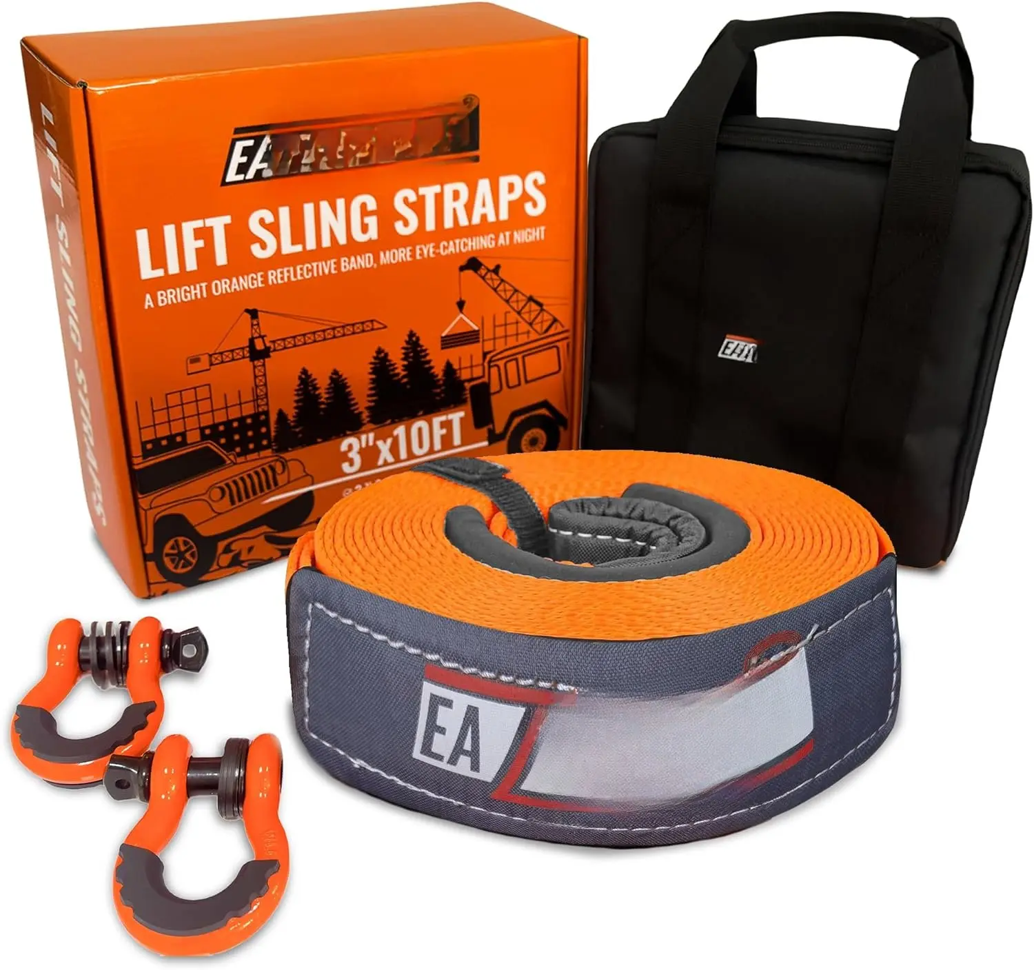 3x10Ft Super Sturdy Lift Sling Straps 25000 Lbs Breaking Load Capacity Heavy Duty Lifting sling Crane Tree Saver Strap  Straps Tow Strap Pull Hoist 2 count 3/4 Robust D Ring Shackles+Storage Bag