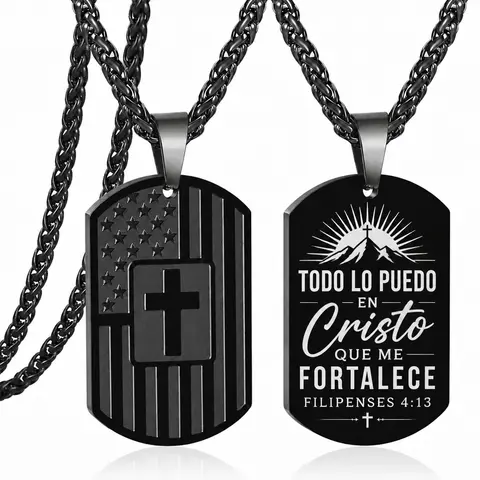 HOLDNEAR Philippians 4:13 Spanish Bible Verse Dog Tag Necklace, Stainless Steel American Flag Cross Pendant, Unisex Patriotic Christian Faith Jewelry, Religious Gift for Men Teen Boys
