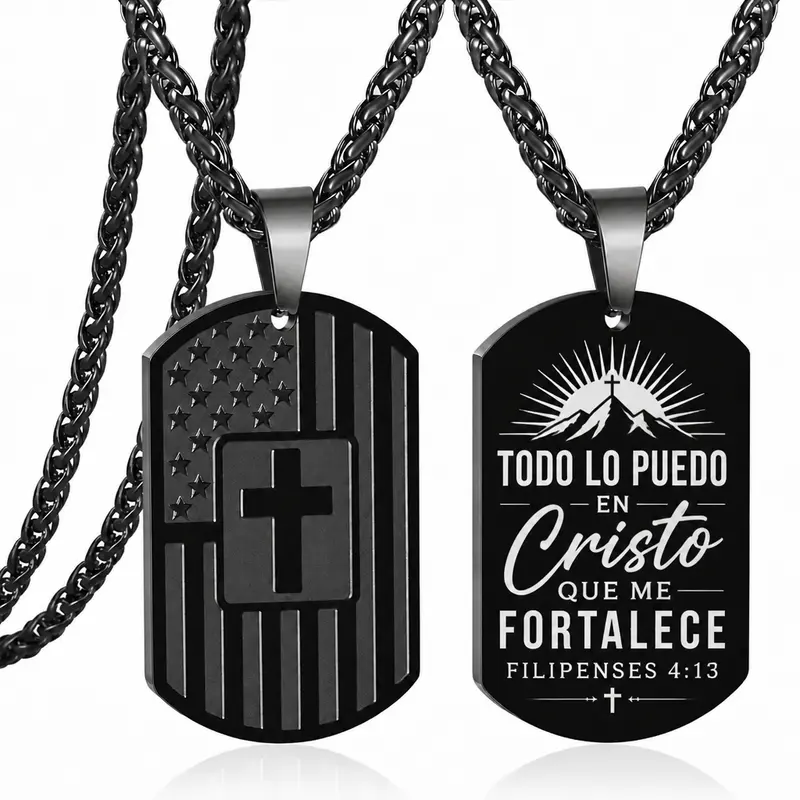 HOLDNEAR Philippians 4:13 Spanish Bible Verse Dog Tag Necklace, Stainless Steel American Flag Cross Pendant, Unisex Patriotic Christian Faith Jewelry, Religious Gift for Men Teen Boys