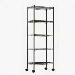 Industrial 3/4/5 Level Grid Storage Rack ，Mobile Metallic Shelving System with Lockable Wheels， Multi-Purpose Cabinet for Workshop, Culinary Space, Storeroom, Washroom & Restroom Black