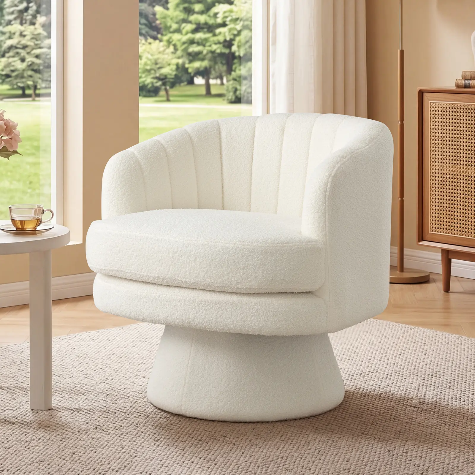 [DealsForYouDays] Ebello Beige Swivel Chair, Modern and Comfortable Versatile Wool Chair, Comfortable Round Armchair, 360 Degree Rotating Bucket Chair, Suitable for Living Room, Bedroom, Office