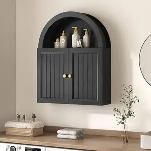 Arched Wall Cabinet, Over The Toilet Storage Organizer with Grille Door & Adjustable Shelf, Farmhouse Wall Mounted Medicine Cabinet for Bathroom, Laundry, Kitchen (Black, 30")