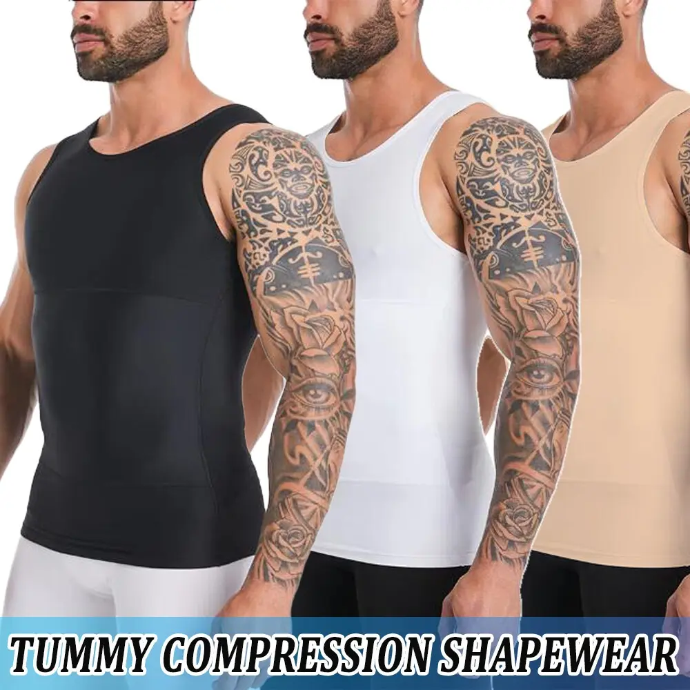Men's 3-Pack Compression Body Shaper Undershirts - Breathable, Lightweight, Smooth Soft Workout Apparel, Tummy Control Sleeveless Sports Vests for Gym Fitness