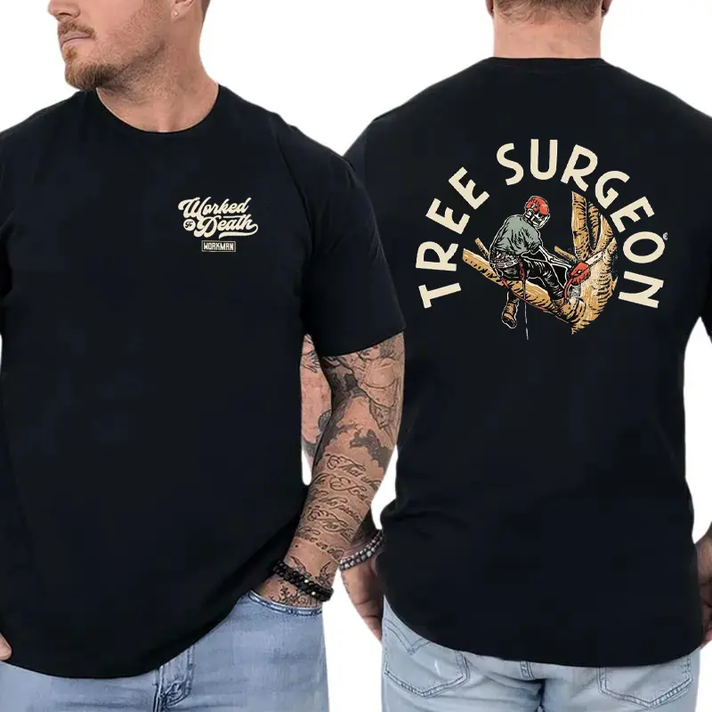 Tree Surgeon T-Shirt, Arborist Climbing Tree Cutting Graphic, Tree Worker Graphic Shirt for Arborists & Tree Climbers, Gift for Tree Service Workers or Lumberjack Enthusiasts