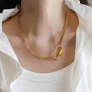 14k Gold plated Mountaineering Buckle Lock Necklace, hypoallergenic Light Luxury Fashion Splicing Chain Costume Jewelry