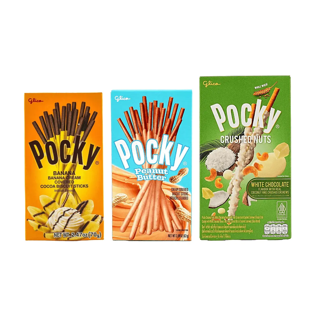 Glico Pocky 3 Flavors Snack Variety Pack: Banana Chocolate, Peanut Butter, White Chocolate Nut Crunch - 157g