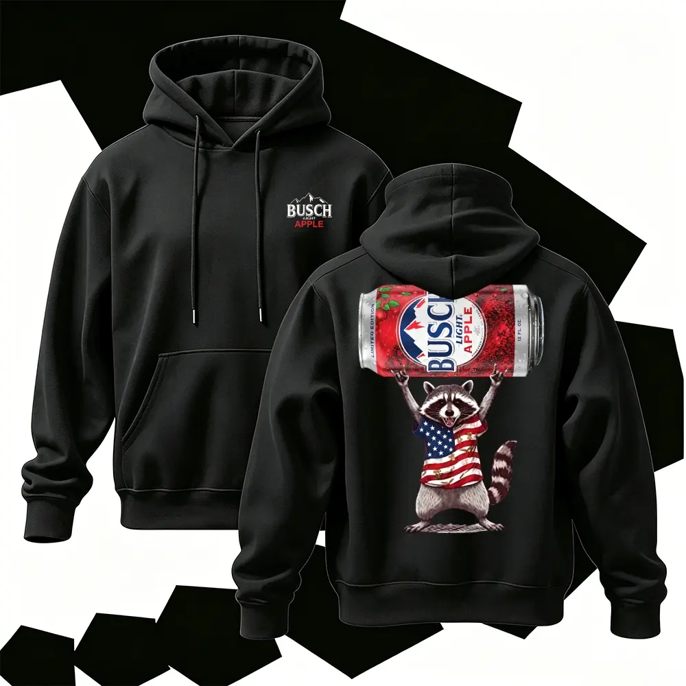 Funny Raccoon Beer Can Graphic Hoodie | Patriotic American Flag Graphic Sweatshirt | Vintage Aesthetic Streetwear Hooded Top | Trendy Pullover Unisex
