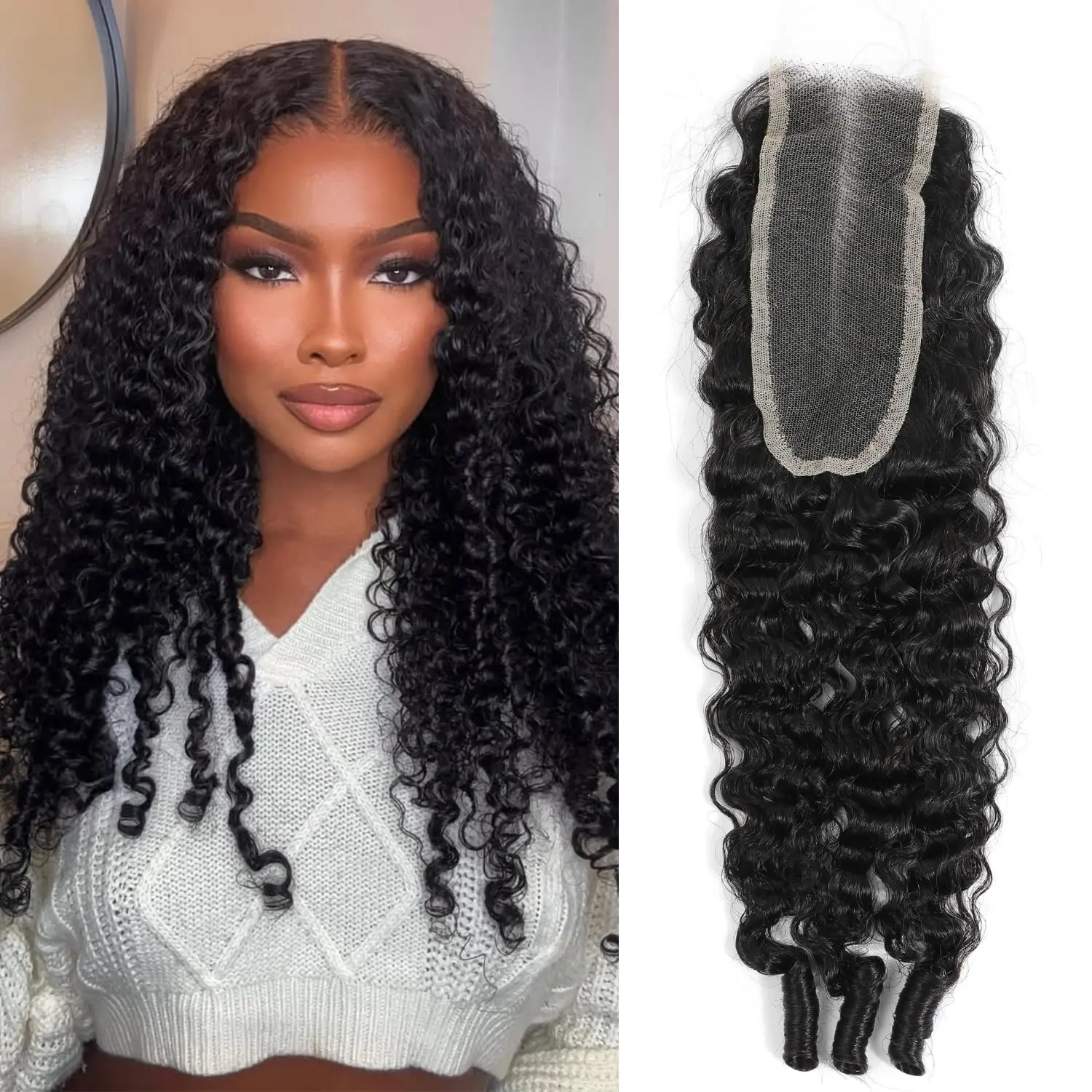 ALHER 2x6 HD Lace Closure, 13A Burmese Curly Raw Human Hair with 6 Inch Deep Part, Elastic 3c4a Curl Pattern, Anti-Tangle, Natural Black, 13A Raw Hair, 2X6 Hd Closure, Pre-Plucked Edge, Ultra-Thin Lace