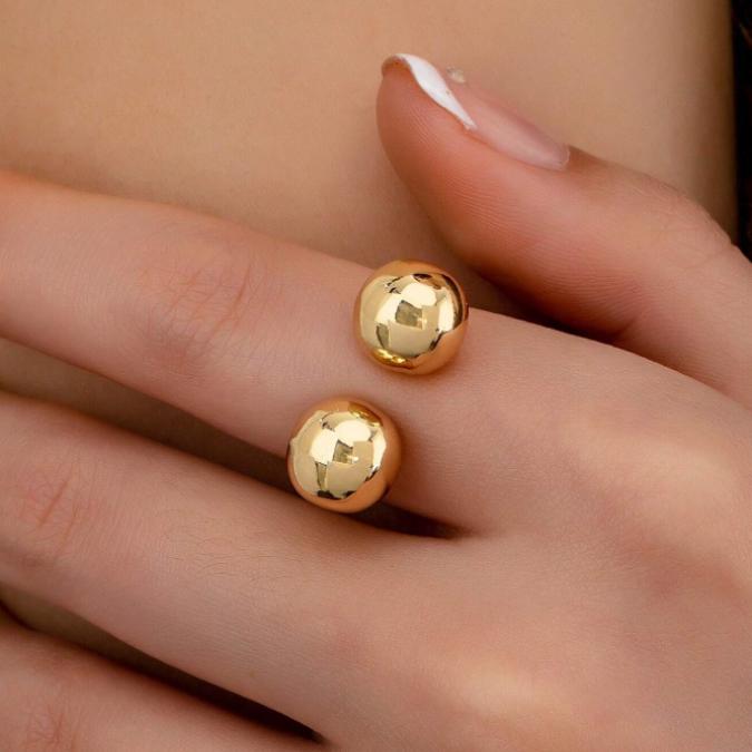 Chunky Ball Statement Ring for Women – Gold Tone Open Band Bold Minimalist Jewelry