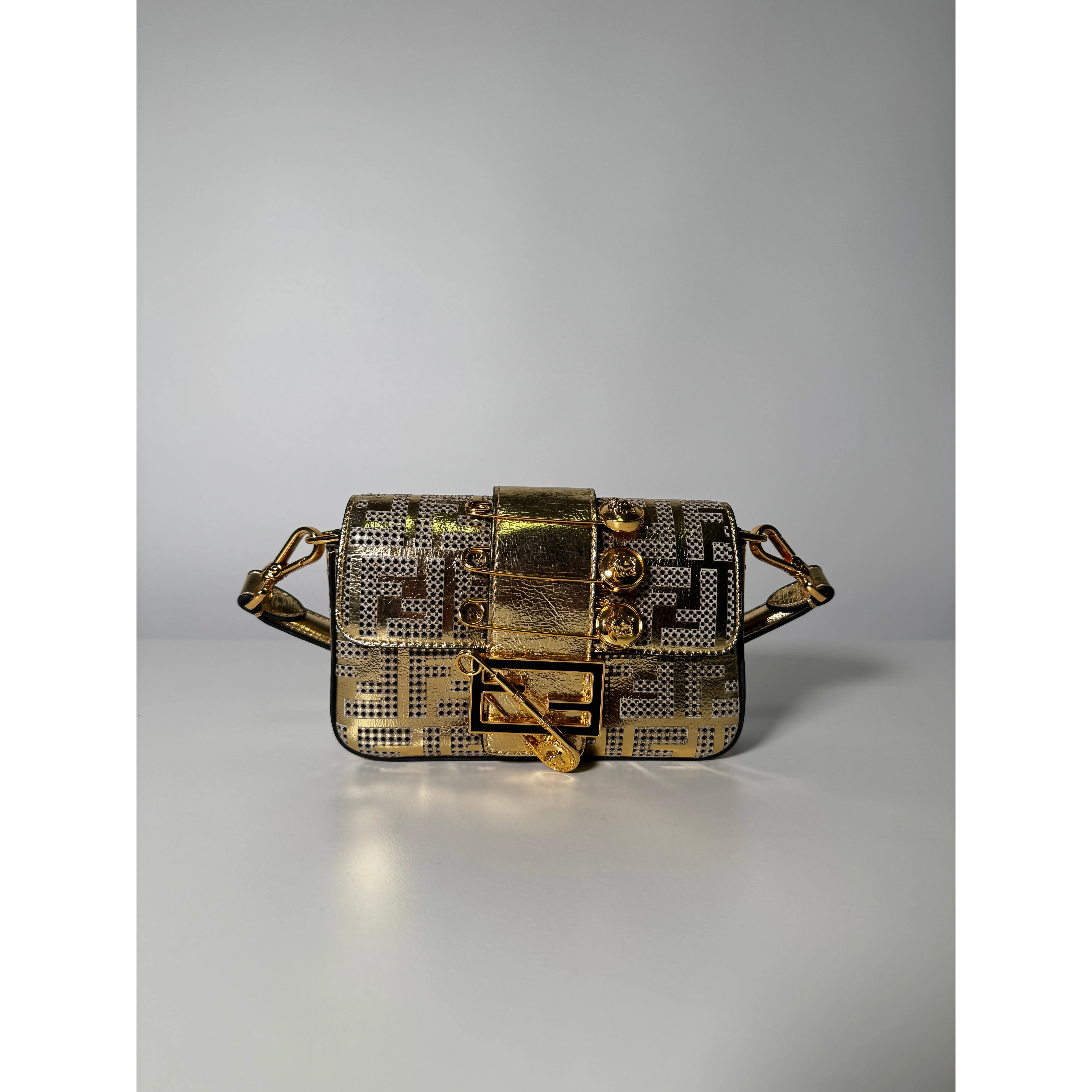 Pre-owned FENDI metallic gold leather Shoulder Bags cc x Versace Fendace Limited Edition Gold Leather Baguette Shoulder Bag