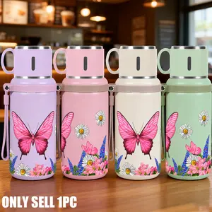 1pc 20oz 316 Stainless Steel Tumbler with Pink Butterfly and Flowers Print, Featuring a Time Marker and Durable Large Capacity Design, Suitable for Sports, Fitness, Outdoor Travel and Hiking, Ideal for Gifting