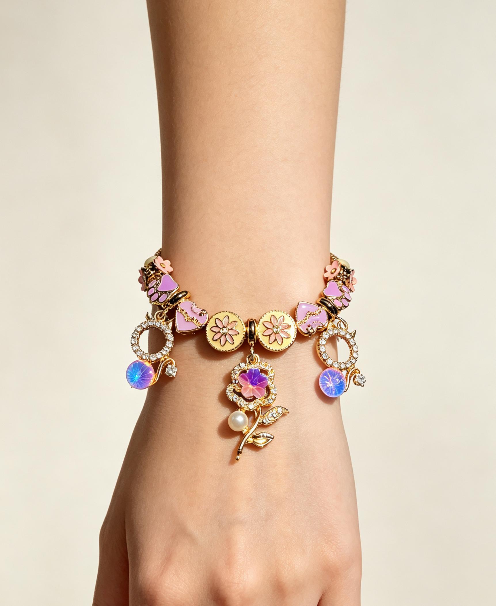 Golden Snake Chain Charm Bracelet, Purple Floral Cat Paw Beaded Bracelet with Opal Crystal Pendant Adjustable Jewelry for Women Golden Snake Chain Charm Bracelet, Purple Floral Cat Paw Beaded Bracelet with Opal Crystal Pendant Adjustable Jewelry for Women