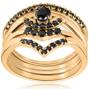 1/2ct 4-Ring Stackable Yellow Gold Black Diamond Curved Wedding Engagement Set