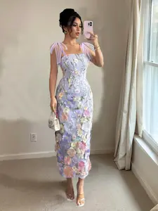 Women's Floral Embroidery Tie Shoulder Cami Dress, Elegant Sleeveless Dress for Party Holiday Wedding Guest, Ladies Clothes for Summer, Formal Dresses Women