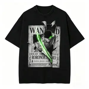 Men's Casual Stylish Round Neck Short-Sleeve Heavy Cotton T-Shirt - 3-Sword Style Zoro Wanted Poster Graphic, Japanese Anime Pirate Hunter Streetwear, Anime Fan Gift