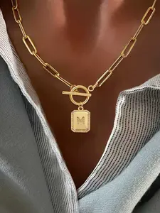 Women's Elegant Zirconia Rectangular Letter Pendant Necklace, Ot Clasp Stainless Steel Paper Clip Chain, Fashion Jewelry for All Seasons, Initial Necklace Jewelry