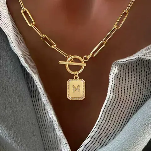 Women's Zirconia Rectangular Initial Pendant Necklace, Pave Letter Necklace, Stainless Steel Paperclip Chain with OT Clasp, Elegant Design for All Seasons